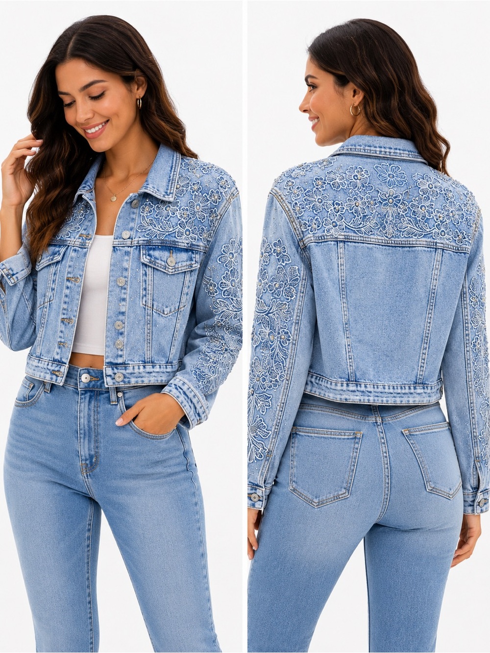 Embroidered Light Blue Denim Jacket - Women's Jean Jacket